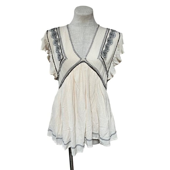 Free People Falling Water Tunic Embroidered Flutter Sleeve Cream Bohemian Relaxe - Picture 3 of 11
